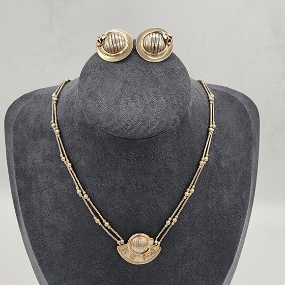 RARE Tri-Color Sterling/10K Rose/Yellow Gold CZ Signed Necklace/Earrings READ - Picture 1 of 16
